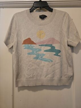 Pendleton Scenic Graphic Short Sleeve Sweater - Cream with Teal & Pink